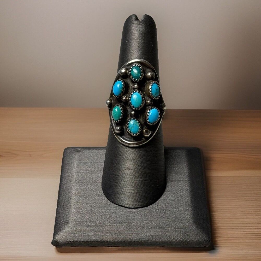 Navajo Size 7.25 .925 Silver Blue Turquoise Signed L. Henderson c.80s Ring